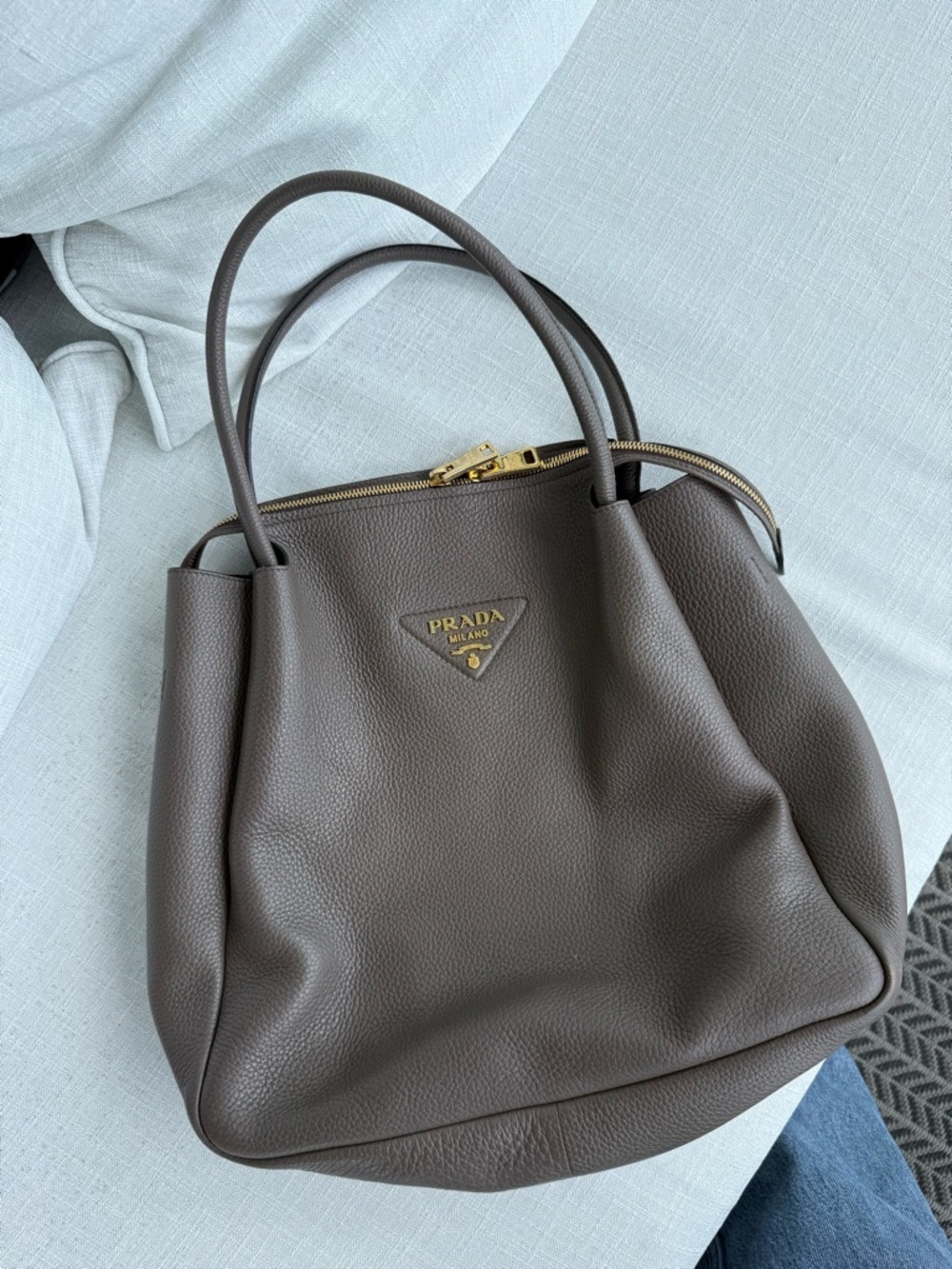Prada Olive Taupe Pebbled Leather Tote with Gold Logo - Picture 3 of 4